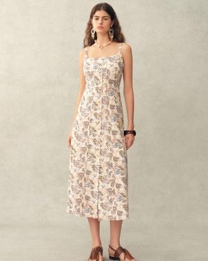 Fabrique Scarlett Handpainted Waterlily Square Neck Fitted Sleeveless Dress - Natural