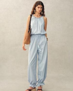 Fabrique Hazel Boho Embroidery Jacquard Halterneck Sleeveless Top And Trousers Set - Blue