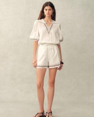 Fabrique Becky Cross Stitch Tie Front Short Sleeve Shirt And Shorts Set - Natural