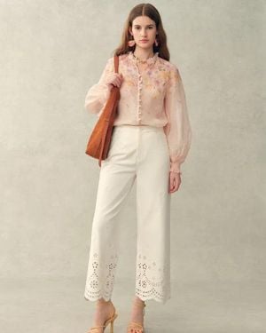 Fabrique Lillian Handpainted Floral Embroidery Sheer Ombré Print Blouse And Shorts Set - Natural