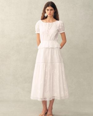 Fabrique Elise Lace Embroidered Puff Sleeve Waist Cinched Dress - Natural