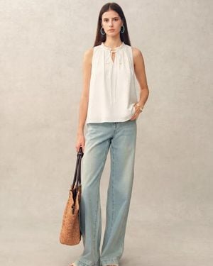 Fabrique Rosalind Ruffle Neck Tie Front Sleeveless Top - Blue