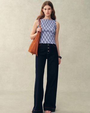 Fabrique Crystal Handworked Sleeveless Plaid Top - Blue