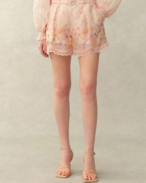 Fabrique Lillian Handpainted Floral Embroidery Belted Shorts - Natural