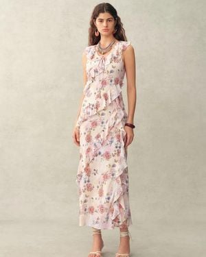 Fabrique Alice Handpainted Floral Bias Cut Ruffed Sleeveless Dress - Natural