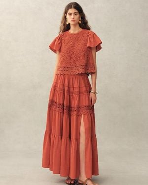 Fabrique Kalia Lace Embroidery Pleated Cap Sleeve Top And Maxi Slit Skirt Set - Red