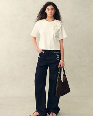 Fabrique Celine Pearl Beaded Hand Crochet Floral T-Shirt - Blue