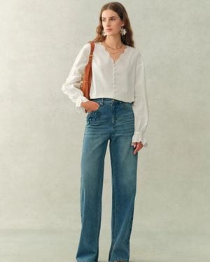 Fabrique Janus Lace-Trim V-Neck Shirt - Blue