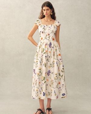 Fabrique Eliana Handpainted Freesia Ruffle Trim Wide Strap Sleeveless Dress - Natural