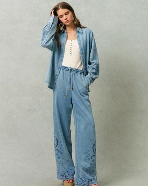 Fabrique Vinetta Curved Button Placket Floral Embroidered Shirt And Jeans Matching Set - Blue