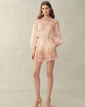 Fabrique Lillian Handpainted Floral Embroidery Sheer Ombré Print Blouse And Shorts Set - Natural