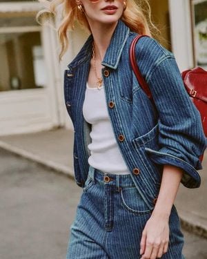 Fabrique Colette Striped Washed Patch Pocket Jacket - Blue