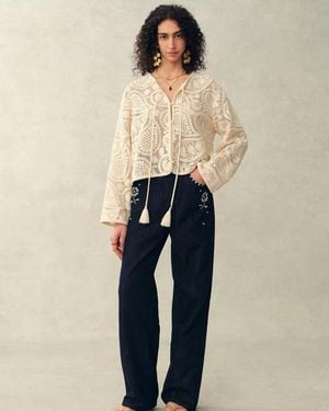 Fabrique Hazel Crochet Paisley Sheer Tassel Tie Blouse - Blue