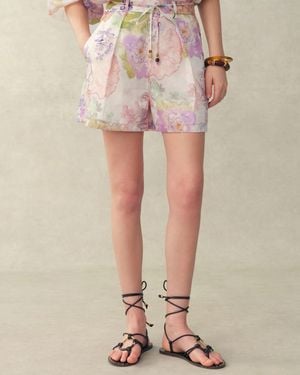 Fabrique Yori Handpainted Floral Print Sheer Beaded Belt Shorts - Pink