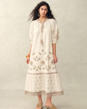 Fabrique Viola Embroidery Puff-Sleeve Midi Dress - Natural