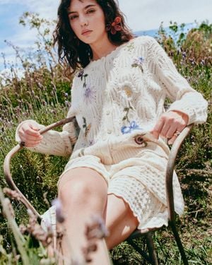 Fabrique Rosalie Hand Embroidery Openwork Cardigan - Green