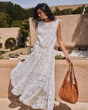 Fabrique Nellie Cutwork Embroidered Scarf Tie Layered Sleeveless Dress - Natural