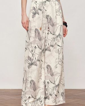 Fabrique Emma Handpainted Floral Elastic Waist Wide Leg Pants - Natural