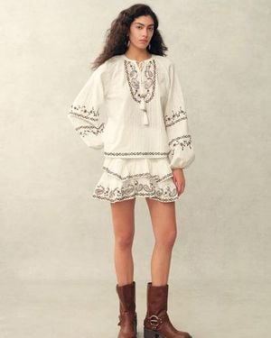 Fabrique Brioche Beaded Tassel Tie Embroidery Blouse And Skirt Set - Natural