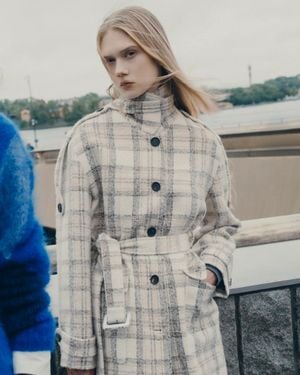 Fabrique Fleur Textured Plaid Belted Long Coat - Multicolour