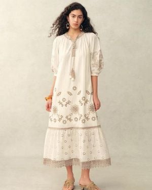 Fabrique Viola Embroidery Puff-Sleeve Midi Dress - Natural