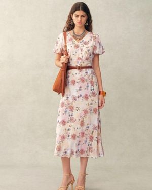 Fabrique Coco Handpainted Floral Puff Sleeve Cinched Dress - Natural