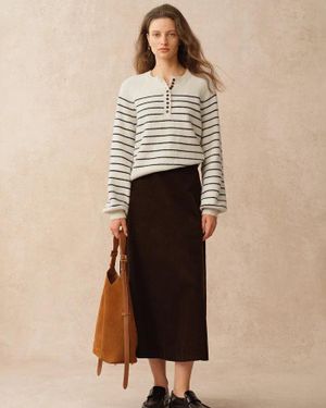 Fabrique Rhea Scalloped Henley Striped Jumper - Natural
