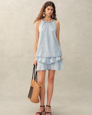 Fabrique Hazel Boho Embroidery Jacquard Halterneck Sleeveless Top And Pants Set - Blue