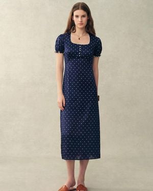 Fabrique Carole French Style Polka Dot Squre Neck Puff Sleeve Dress - Blue