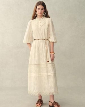 Fabrique Lyra Embroidery Beaded Waist Puff Sleeve Dress - Natural