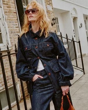 Fabrique Solene Utility Style Fitted Denim Jacket And Long Skort Set - Blue