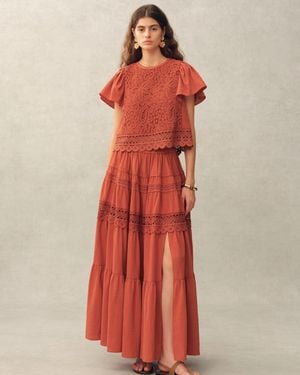Fabrique Kalia Lace Embroidery Pleated Cap Sleeve Top And Maxi Slit Skirt Set - Red