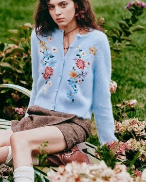 Fabrique Laelia Hand Embroidered Floral Fitted Cardigan - Green