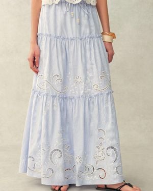 Fabrique Bree Striped Embroidered Drawstring Tiered Skirt - Blue