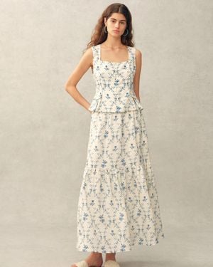 Fabrique Elara Pleated Floral Square Neck Pearl Button Sleeveless Top And Skirt Set - Natural