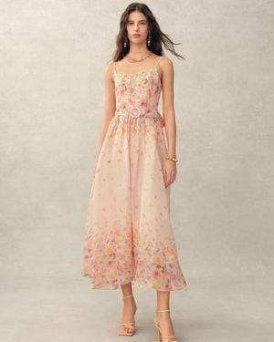 Fabrique Lilac Handpainted Floral Smocked Belted Strap Dress - Green