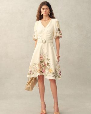 Fabrique Eve Handpainted Floral Belted Puff Sleeves Dress - Natural