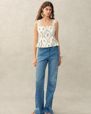 Fabrique Elara Pleated Floral Square Neck Pearl Button Sleeveless Top - Blue