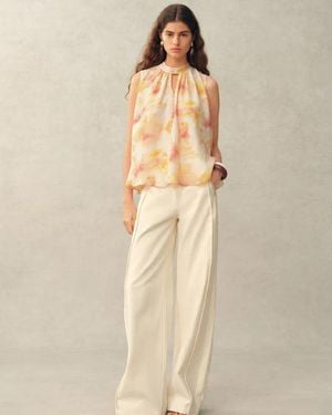 Fabrique Charlotte Handpainted Floral Neck Tie Sleeveless Blouse - Natural