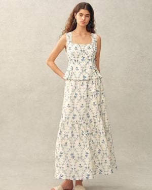 Fabrique Elara Pleated Floral Square Neck Pearl Button Sleeveless Top And Skirt Set - Natural