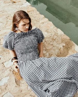 Fabrique Vivinea Gingham Smocked Puff-Sleeve Dress - Natural