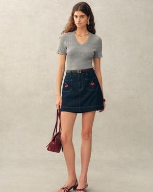 Fabrique Evie V Neck Pointelle Short Sleeve Top - Blue