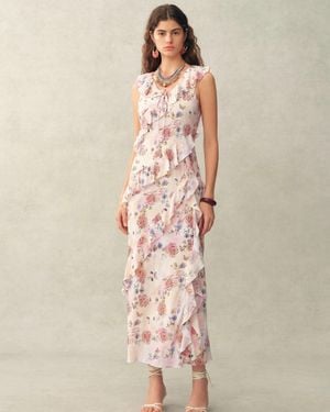 Fabrique Alice Handpainted Floral Bias Cut Ruffed Sleeveless Dress - Natural