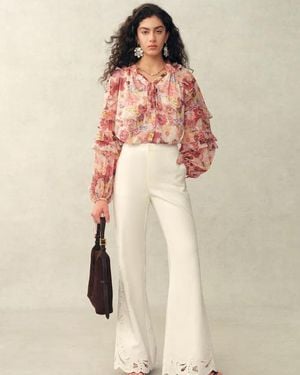 Fabrique Marie Hand-Painted Print V-Neck Ruffle Top - Natural