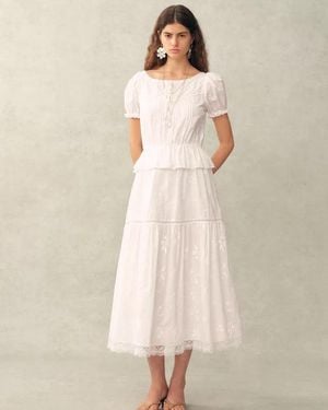 Fabrique Elise Lace Embroidered Puff Sleeve Waist Cinched Dress - Natural