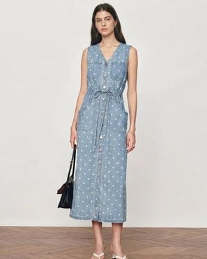 Fabrique June Faded Polka-Dot Drawstring Waist Sleeveless Dress - Blue
