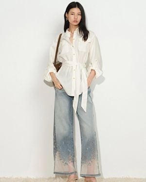 Fabrique Faye Belted Roll Tab Sleeves Safari Blouse - Blue