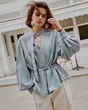 Fabrique Aurore Button Collar Drawstring Lantern Sleeve Blouse - Blue