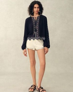 Fabrique Blair Boho Embroidered Sheer Lace Puff Sleeve Blouse - Blue