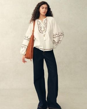 Fabrique Brioche Beaded Tassel Tie Embroidery Blouse - Natural
